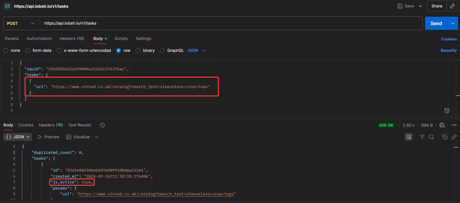 How to use Lobstr.io’s Vinted Product Scraper API? - Adding tasks