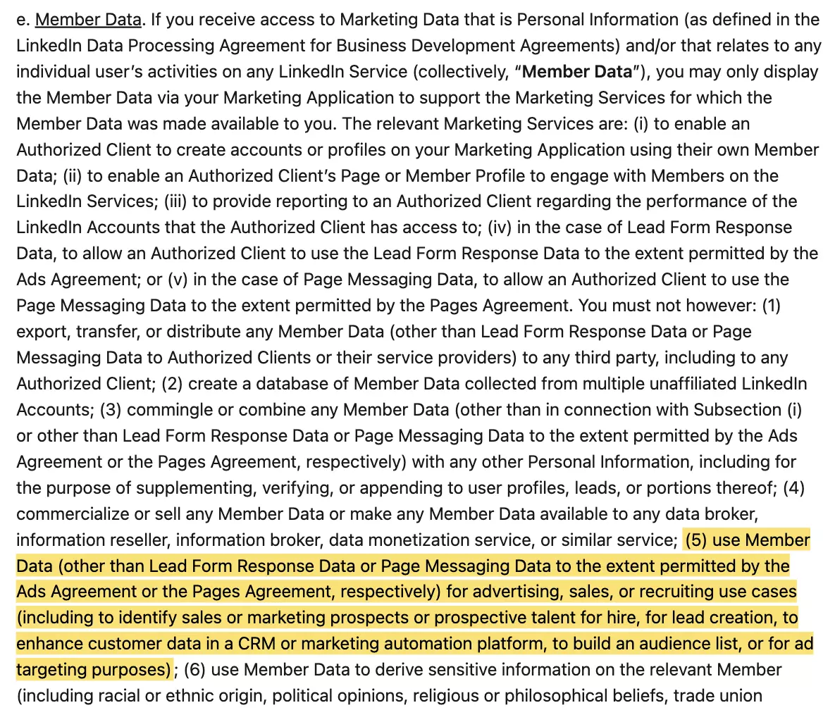 LinkedIn Marketing API terms, section 3.1(e)(5), highlighted