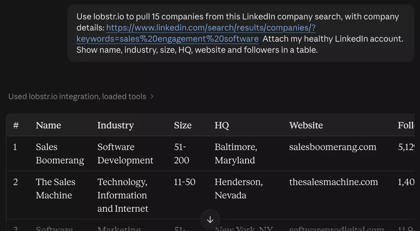 Companies from a LinkedIn company search, with their details