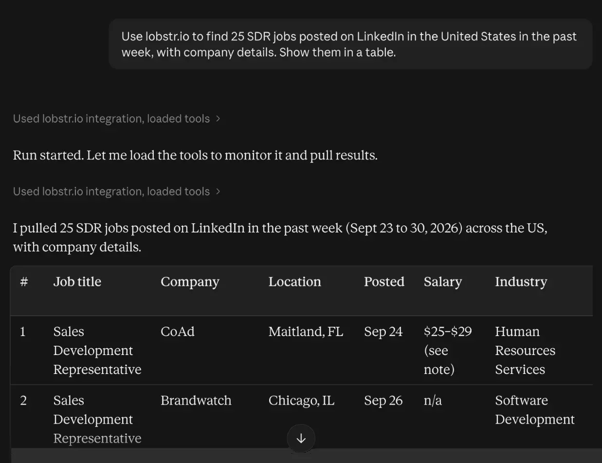 25 SDR jobs from LinkedIn in a Claude table