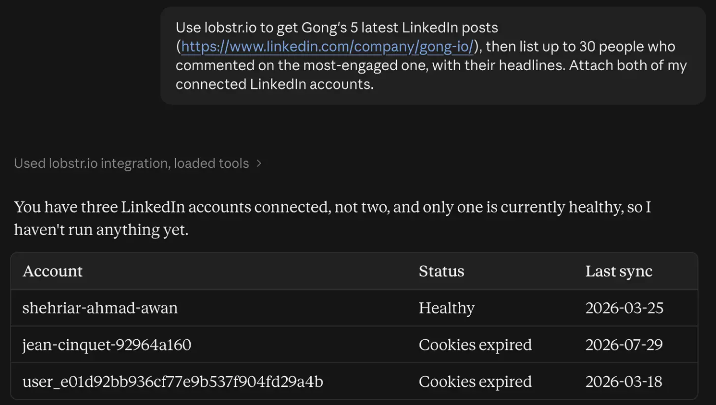 Claude listing 3 synced LinkedIn accounts: 1 Healthy, 2 Cookies expired