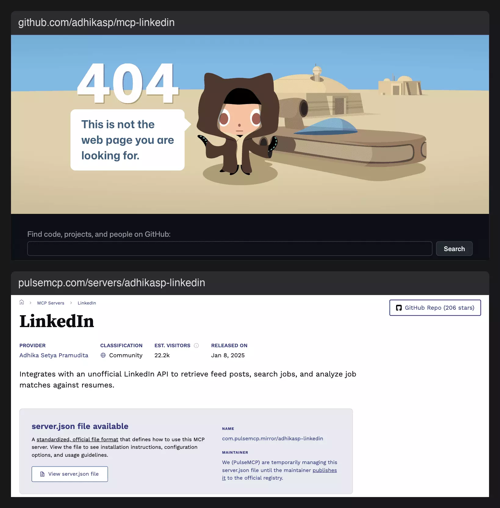 GitHub 404 for adhikasp/mcp-linkedin above its still-live PulseMCP listing