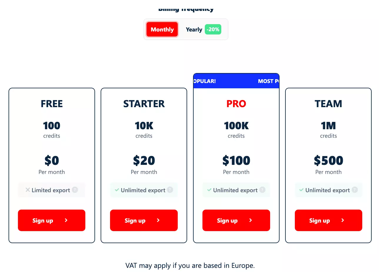 lobstr.io pricing page with credits per plan